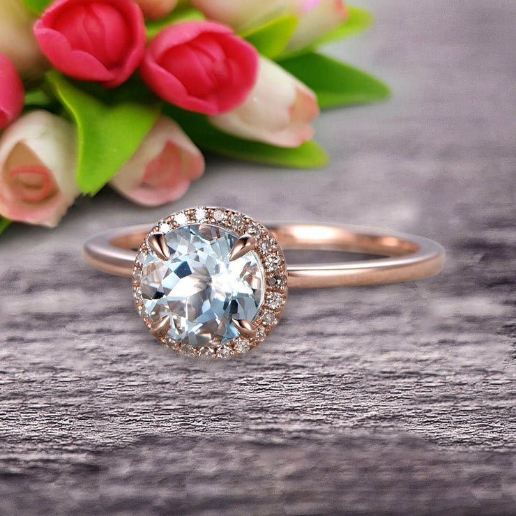 1.25 Carat Round Cut Aquamarine Engagement Ring On 10k Rose Gold Halo Antique Design