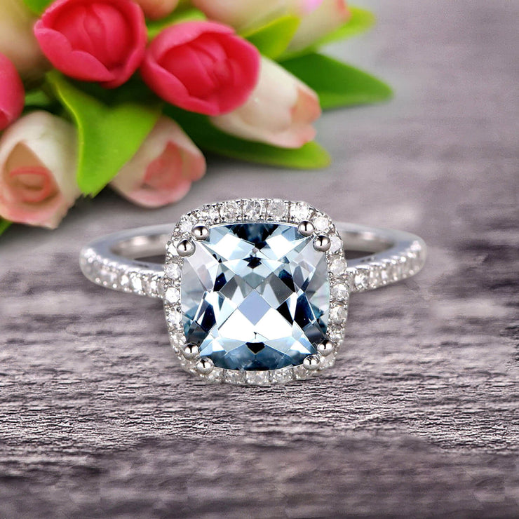 Cushion Cut 1.50 Carat Aquamarine Engagement Ring Anniversary Gift 10k Rose Gold Halo Design