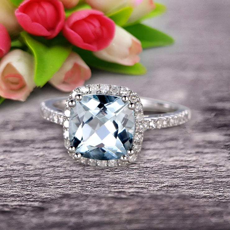 Cushion Cut 1.50 Carat Aquamarine Engagement Ring Anniversary Gift 10k Rose Gold Halo Design