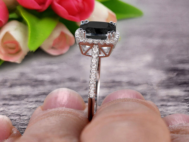 Cushion Cut 1.50 Carat Black Diamond Moissanite Engagement Ring Anniversary Gift 10k Rose Gold Halo Design