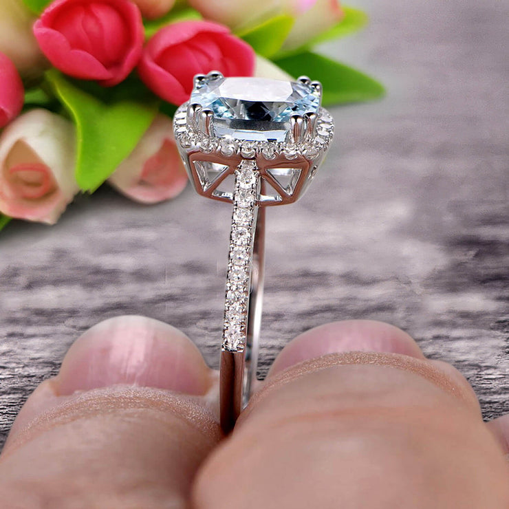 Cushion Cut 1.50 Carat Aquamarine Engagement Ring Anniversary Gift 10k Rose Gold Halo Design