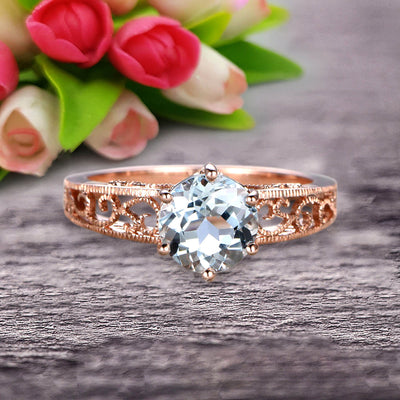 Round Cut 1.50 Carat Aquamarine Engagement Ring Anniversary Gift 10k Rose Gold Art Deco