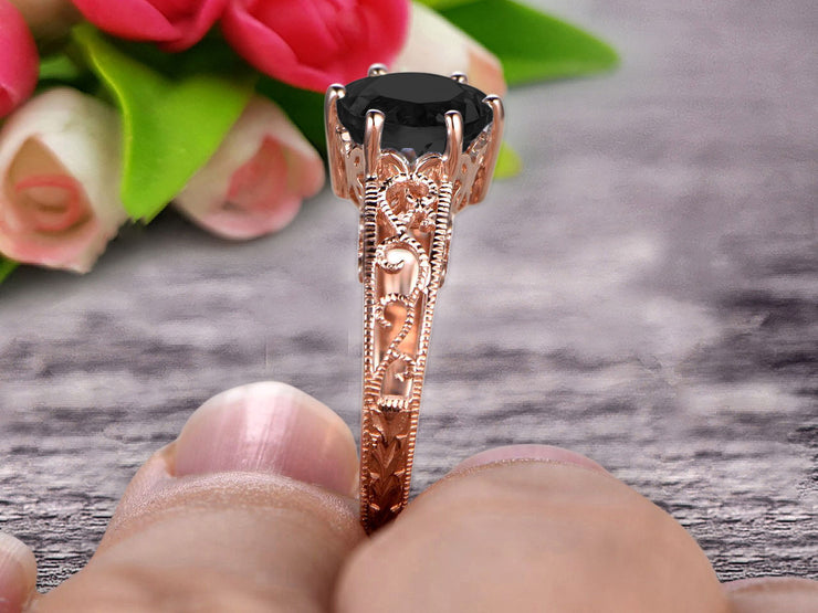 Round Cut 1.50 Carat Black Diamond Moissanite Engagement Ring Anniversary Gift 10k Rose Gold Art Deco