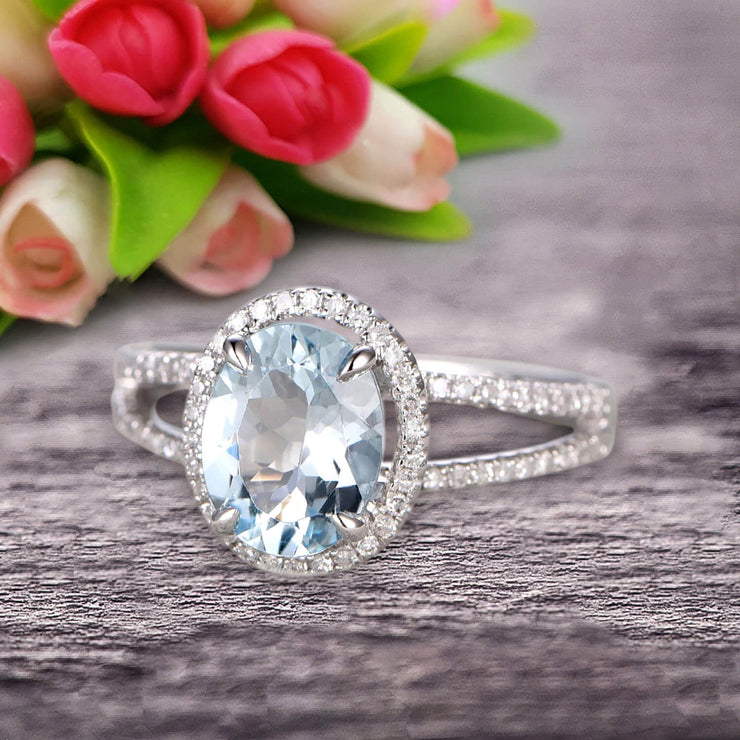 1.50 Carat Oval Shape Blue Gemstone With Split Shank Halo Design Aquamarine Engagement Ring Wedding Ring Anniversary Gift On 10k White Gold