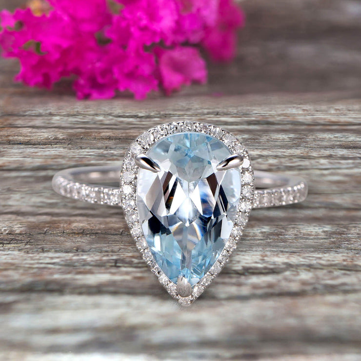 Pear Shape Halo Design 1.50 Carat Aquamarine Engagement Ring Anniversary Gift On 10k White Gold Art Deco