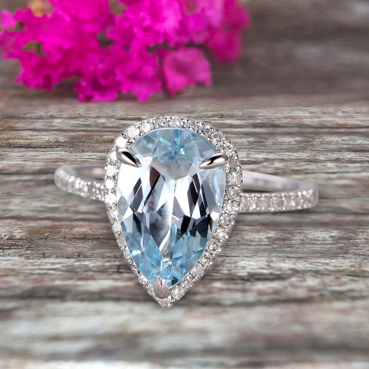 Pear Shape Halo Design 1.50 Carat Aquamarine Engagement Ring Anniversary Gift On 10k White Gold Art Deco