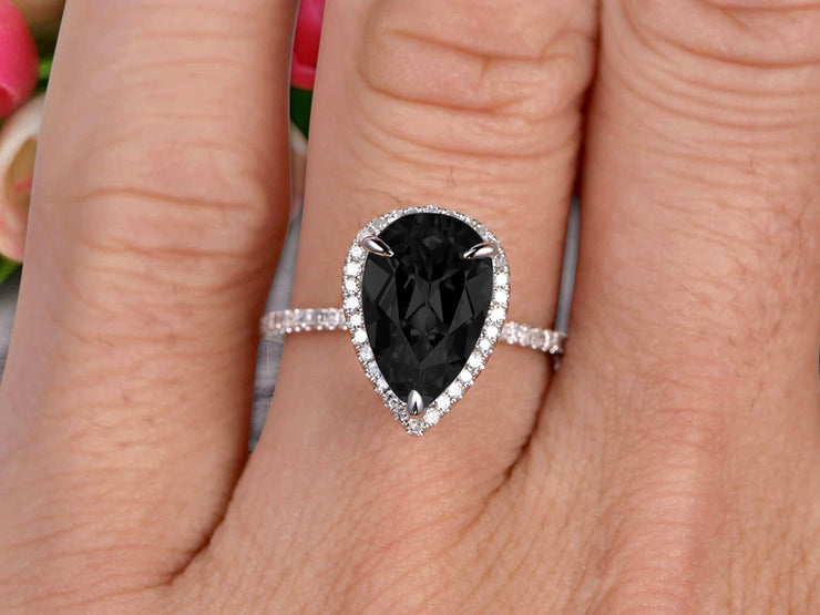 Pear Shape Halo Design 1.50 Carat Black Diamond Moissanite Engagement Ring Anniversary Gift On 10k White Gold Art Deco