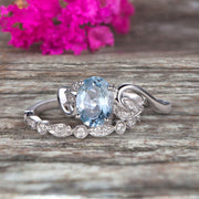 1.50 Carat Oval Cut Aquamarine Bridal Ring Set Diamond Wedding Band On 10k White Gold Flower Art Deco Stacking Matching