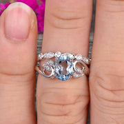 1.50 Carat Oval Cut Aquamarine Bridal Ring Set Diamond Wedding Band On 10k White Gold Flower Art Deco Stacking Matching