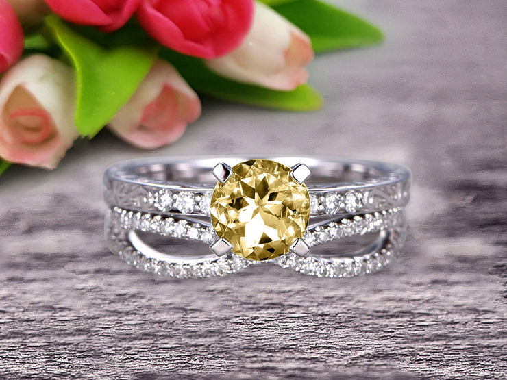 Round Cut 1.50 Carat Champagne Diamond Moissanite Bridal Ring Set Anniversary Gift On 10k White Gold Curved Stacking Matching Wedding Band Art Deco