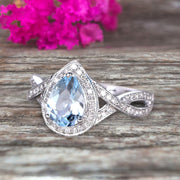 10k White Gold 1.50 Carat Pear Shape Aquamarine Engagement Rings With Diamonds Halo