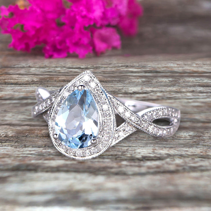 10k White Gold 1.50 Carat Pear Shape Aquamarine Engagement Rings With Diamonds Halo