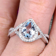 10k White Gold 1.50 Carat Pear Shape Aquamarine Engagement Rings With Diamonds Halo