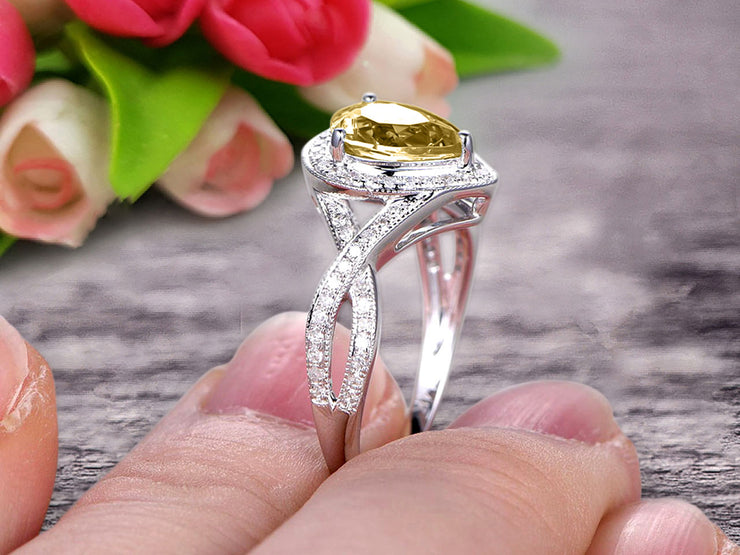 10k White Gold 1.50 Carat Pear Shape Champagne Diamond Moissanite Engagement Rings With Diamonds Halo