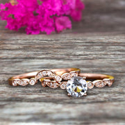 Classic 10k Rose Gold 1.50 Carat Round Cut Natural Aquamarine Engagement Ring With Matching Wedding Band Anniversary Gift Art Deco