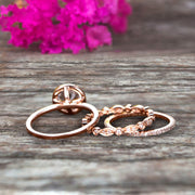 10k Rose Gold Anniversary Gift Art Deco 1.75 Carat Round Cut Aquamarine Wedding Ring Set Diamond Matching Band Anniversary Gift