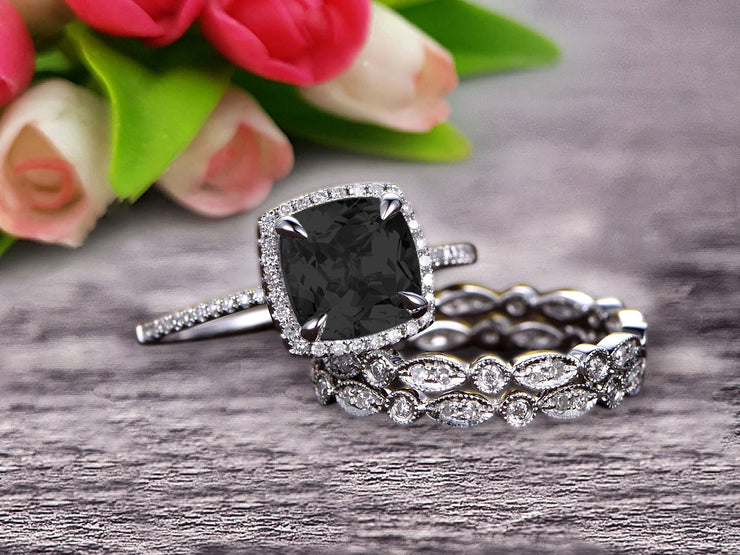 2 Carat Cushion Cut Black Diamond Moissanite Bridal Set Engagement Wedding Ring 10k White Gold Full Eternity Art Deco With Two Matching Band