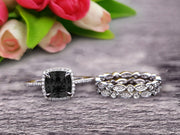 2 Carat Cushion Cut Black Diamond Moissanite Bridal Set Engagement Wedding Ring 10k White Gold Full Eternity Art Deco With Two Matching Band