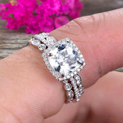 4 Carat Cushion Cut Moissanite Bridal Set Engagement Wedding Ring 10k White Gold Full Eternity Art Deco With Two Matching Band