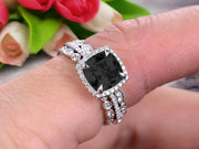 4 Carat Cushion Cut Black Diamond Moissanite Bridal Set Engagement Wedding Ring 10k White Gold Full Eternity Art Deco With Two Matching Band