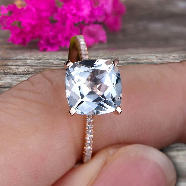 10k Rose Gold Anniversary Gift Art Deco 1.25 Carat Cushion Cut Aquamarine Wedding Engagement Ring