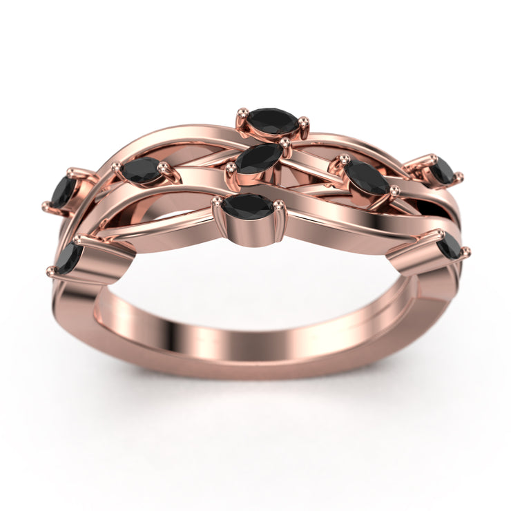 Marquise Cut 0.36 Ct Black Diamond Moissanite Blooming Willow Wedding Ring 10K/14K/18K Solid Gold