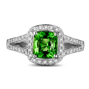 Beautiful 2 Carat cushion cut Emerald and Moissanite Diamond Halo Engagement Ring in White Gold