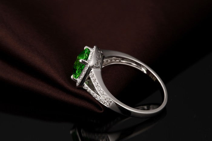 Beautiful 2 Carat cushion cut Emerald and Moissanite Diamond Halo Engagement Ring in White Gold