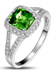 Beautiful 2 Carat cushion cut Emerald and Moissanite Diamond Halo Engagement Ring in White Gold