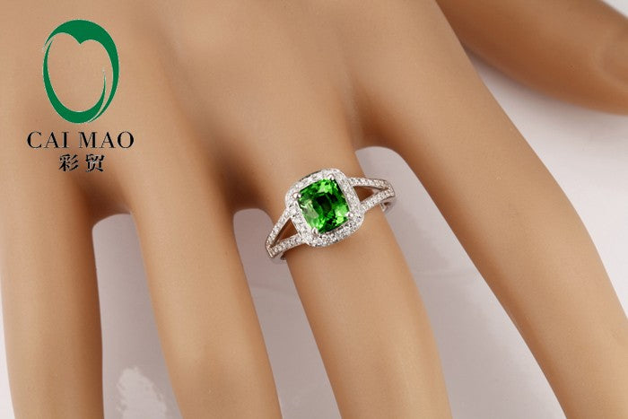 Beautiful 2 Carat cushion cut Emerald and Moissanite Diamond Halo Engagement Ring in White Gold