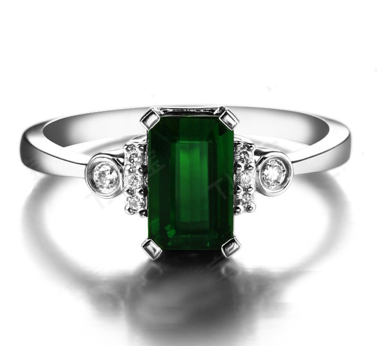 Beautiful 2 Carat Emerald and Moissanite Diamond Engagement Ring in White Gold for Women