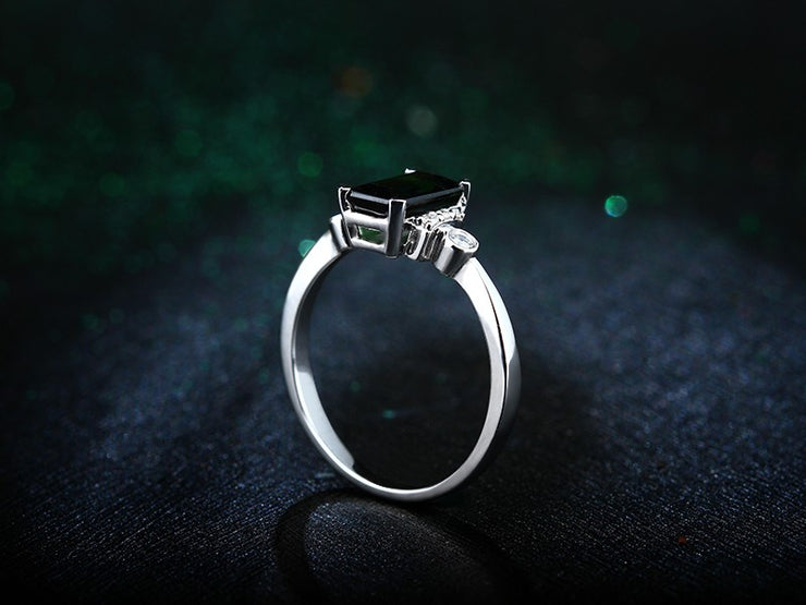 Beautiful 2 Carat Emerald and Moissanite Diamond Engagement Ring in White Gold for Women