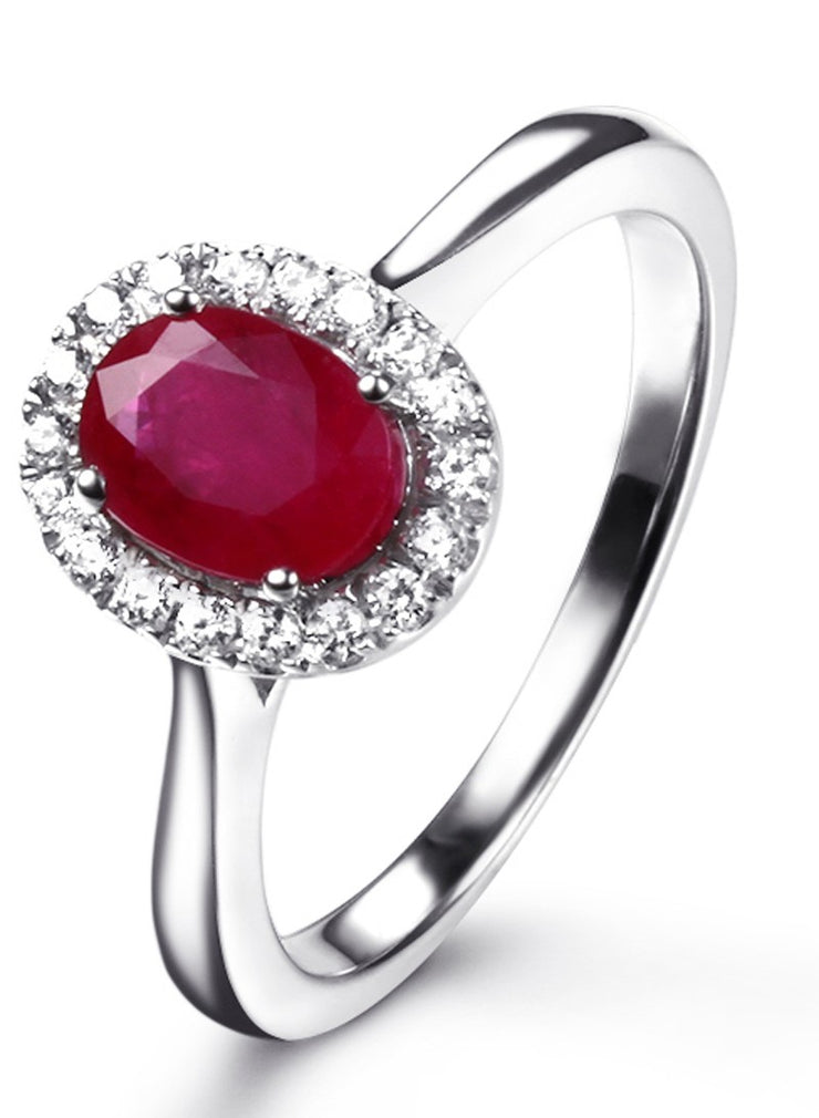 Classic 1 Carat Ruby and Moissanite Diamond Halo Engagement Ring in White Gold for Women