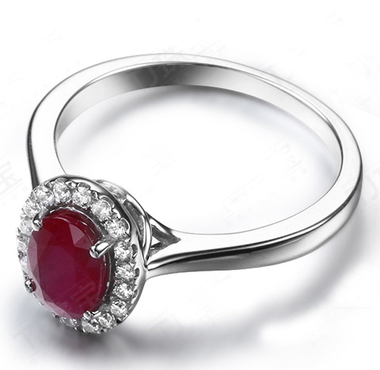 Classic 1 Carat Ruby and Moissanite Diamond Halo Engagement Ring in White Gold for Women