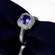 Closeout Sale: Bestselling 1.50 Carat Antique Halo Engagement Ring with Blue Sapphires and Moissanite Diamond in White Gold