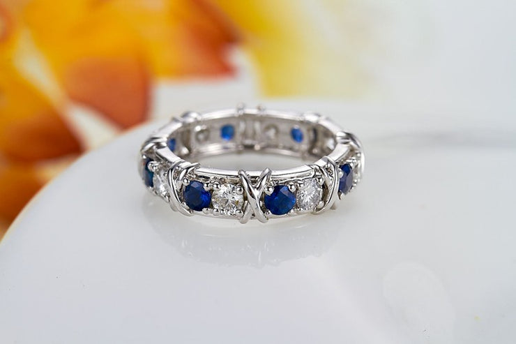 Designer 1 Carat alternating Moissanite Diamond and Sapphire Wedding Ring Band in White Gold