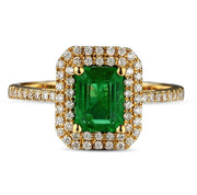 Designer 2 Carat Emerald and Moissanite Diamond double Halo Engagement Ring in Yellow Gold