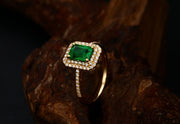 Designer 2 Carat Emerald and Moissanite Diamond double Halo Engagement Ring in Yellow Gold