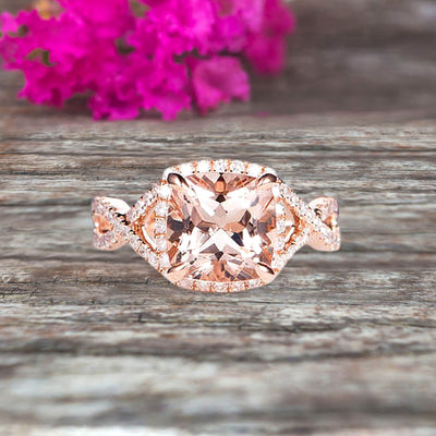 Staggering Looking Cushion Cut Morganite Engagement Ring 10k Rose Gold Halo Wedding Ring Anniversary Promise Surprisingly Ring