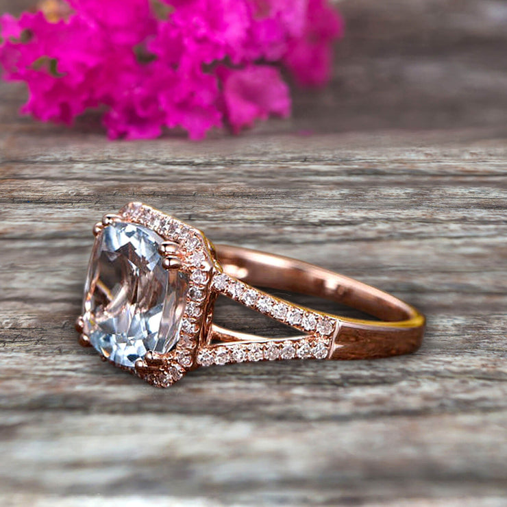 1.50 Carat Natural Aquamarine Engagement Ring On 10k Rose Gold Anniversary Ring HALO Cushion Aquamarine