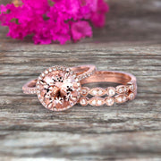 Trio Set Big Morganite Wedding Ring Set Engagement Ring On 10k Rose Gold Stacking Matching Band Round Cut Gemstone Personalized for Brides