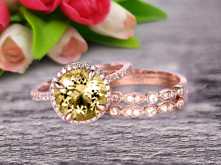 Trio Set Big Champagne Diamond Moissanite Wedding Ring Set Engagement Ring On 10k Rose Gold Stacking Matching Band Round Cut Gemstone Personalized for Brides