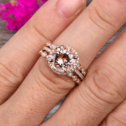 Trio Set Big Morganite Wedding Ring Set Engagement Ring On 10k Rose Gold Stacking Matching Band Round Cut Gemstone Personalized for Brides