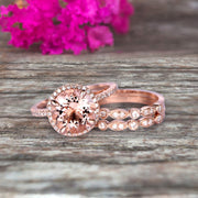 Trio Set Big Morganite Wedding Ring Set Engagement Ring On 10k Rose Gold Stacking Matching Band Round Cut Gemstone Personalized for Brides