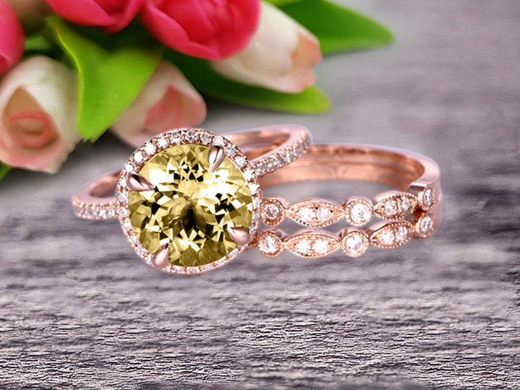 Trio Set Big Champagne Diamond Moissanite Wedding Ring Set Engagement Ring On 10k Rose Gold Stacking Matching Band Round Cut Gemstone Personalized for Brides