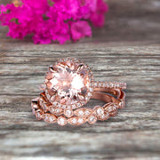 Trio Set Big Morganite Wedding Ring Set Engagement Ring On 10k Rose Gold Stacking Matching Band Round Cut Gemstone Personalized for Brides