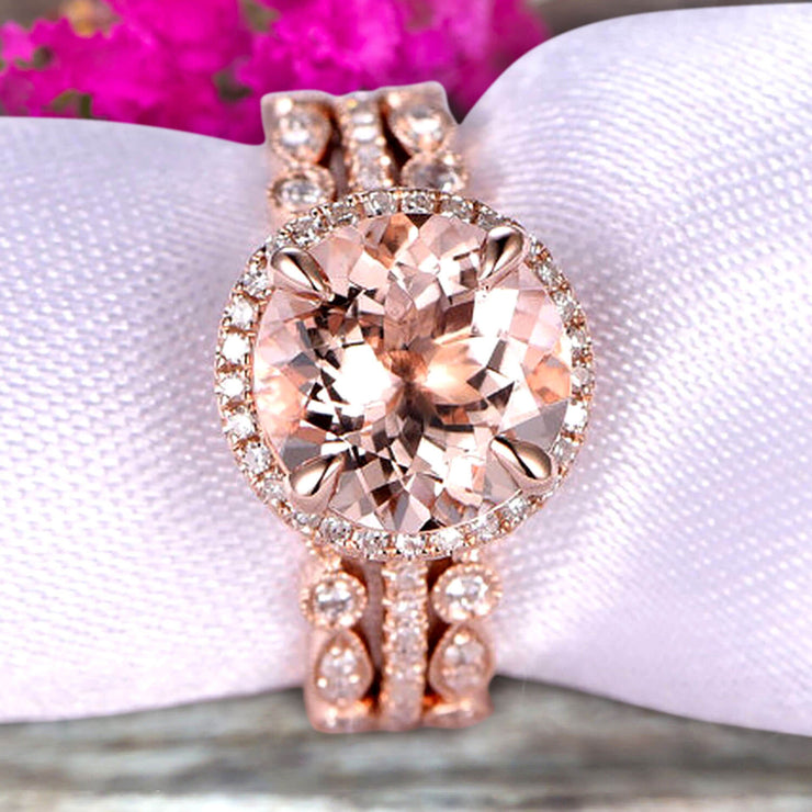 Trio Set Big Morganite Wedding Ring Set Engagement Ring On 10k Rose Gold Stacking Matching Band Round Cut Gemstone Personalized for Brides