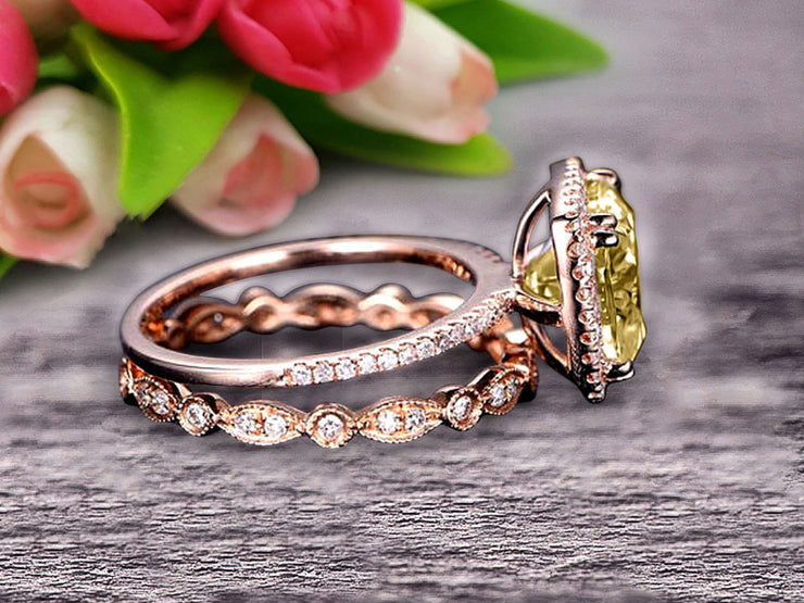 1.75 carat Classic Cushion Champagne Diamond Moissanite Diamond wedding Bands Engagement Ring on 10k Rose Gold