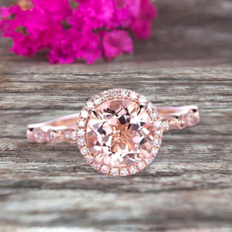 1.50 Carat Round Cut Morganite Ring Engagement Ring Promise Ring Anniversary Ring 10k Rose Gold Pink Gem Stone Art Deco