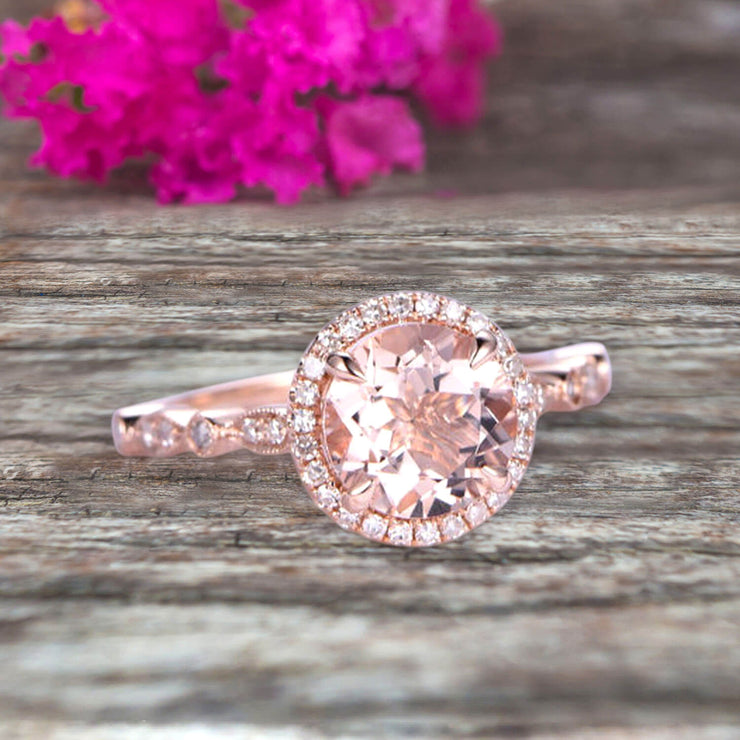 1.50 Carat Round Cut Morganite Ring Engagement Ring Promise Ring Anniversary Ring 10k Rose Gold Pink Gem Stone Art Deco